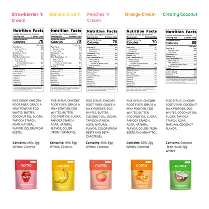 Numa Foods Nutritious Chewy & Creamy Candy Variety Pack - Low Sugar, All - Natural, Gluten Free, High Protein - 5 Bags of 10 Individually Wrapped Chews Each of Vanilla Banana Strawberry Coconut Coffee - Fresh Hearth