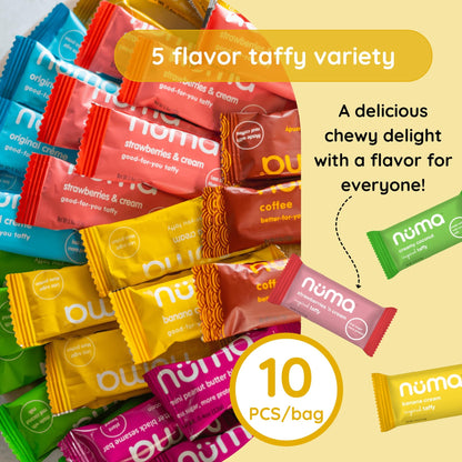 Numa Foods Nutritious Chewy & Creamy Candy Variety Pack - Low Sugar, All - Natural, Gluten Free, High Protein - 5 Bags of 10 Individually Wrapped Chews Each of Vanilla Banana Strawberry Coconut Coffee - Fresh Hearth