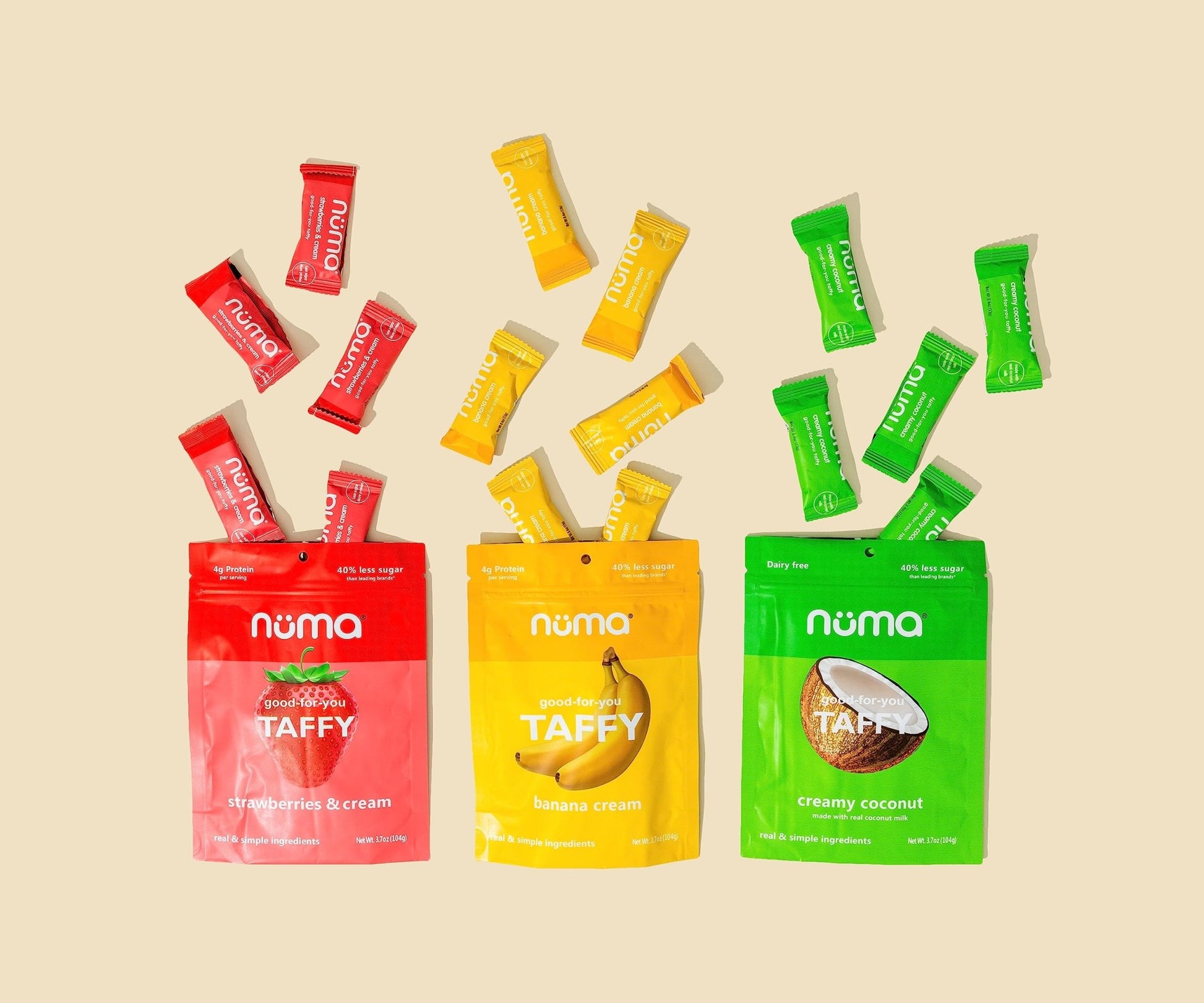 Numa Foods Nutritious Chewy & Creamy Candy Variety Pack - Low Sugar, All - Natural, Gluten Free, High Protein - 5 Bags of 10 Individually Wrapped Chews Each of Vanilla Banana Strawberry Coconut Coffee - Fresh Hearth