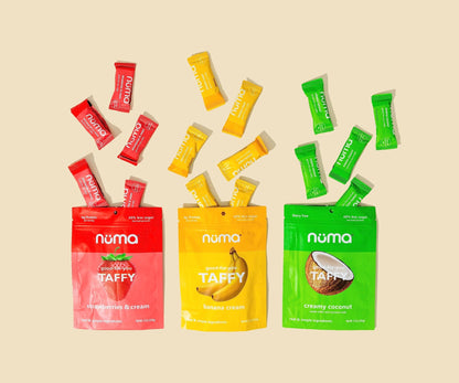 Numa Foods Nutritious Chewy & Creamy Candy Variety Pack - Low Sugar, All - Natural, Gluten Free, High Protein - 5 Bags of 10 Individually Wrapped Chews Each of Vanilla Banana Strawberry Coconut Coffee - Fresh Hearth