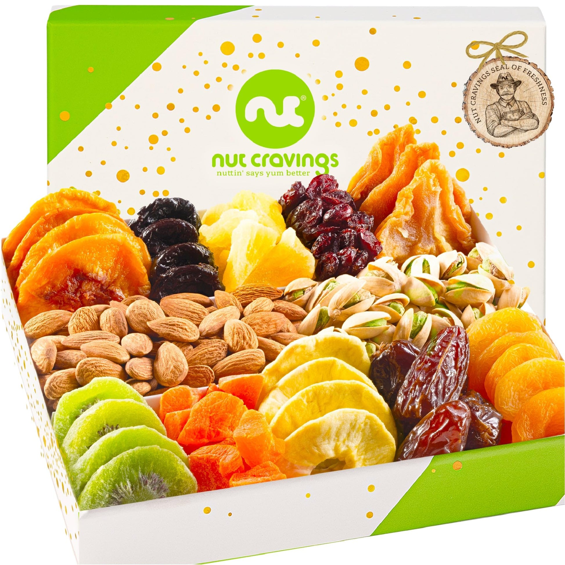 NUT CRAVINGS - Diwali Sweets Hamper Mid - Autumn Festival Dried Fruit & Mixed Nuts Gift Basket in White Gold Box (12 Assortments) Food Arrangement, Healthy Snack Care Package, Food Assortments - Fresh Hearth
