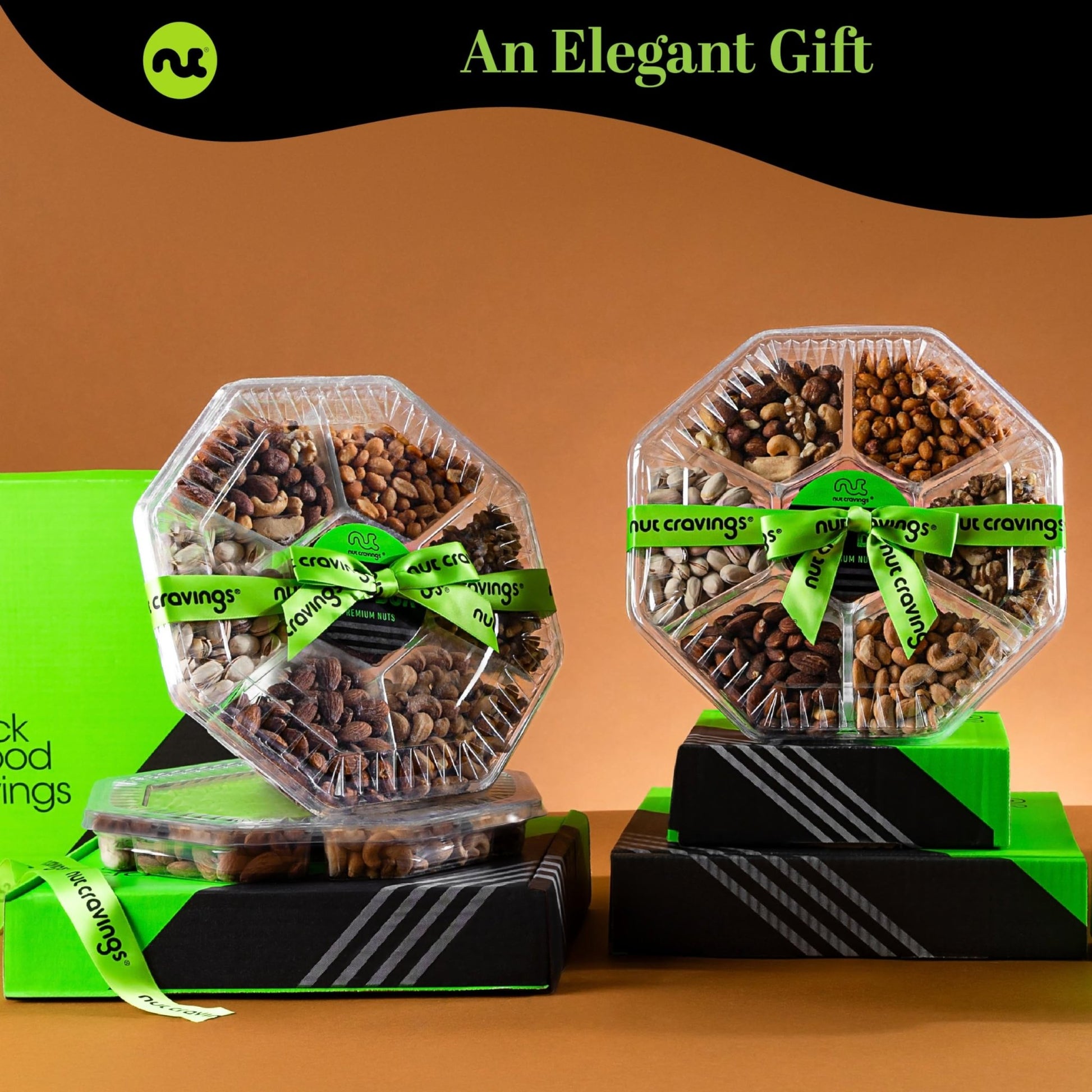 NUT CRAVINGS - Diwali Sweets Hamper Mid - Autumn Festival Mixed Nuts Gift Basket + Green Ribbon (7 Assortments, 2.2 LB) Food Arrangement, Healthy Snack Care Package, Food Assortments - Fresh Hearth