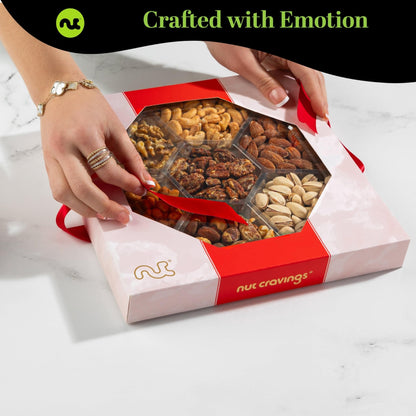 NUT CRAVINGS - Diwali Sweets Hamper Mid - Autumn Festival Mixed Nuts Gift Basket in Red Gold Box (7 Assortments, 1 LB) Food Arrangement, Healthy Snack Care Package, Food Assortments - Fresh Hearth