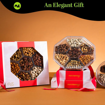 NUT CRAVINGS - Diwali Sweets Hamper Mid - Autumn Festival Mixed Nuts Gift Basket in Red Gold Box (7 Assortments, 1 LB) Food Arrangement, Healthy Snack Care Package, Food Assortments - Fresh Hearth