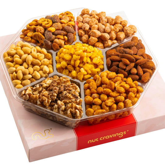 NUT CRAVINGS - Diwali Sweets Hamper Mid - Autumn Festival Mixed Nuts Gift Basket in Red Gold Classic Box (7 Assortments, 1 LB) Food Arrangement, Healthy Snack Care Package, Food Assortments - Fresh Hearth