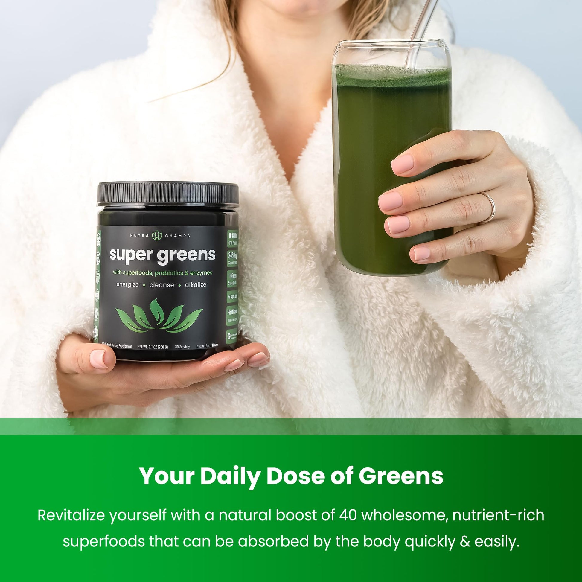 NutraChamps Super Greens Powder Premium Superfood | 20+ Organic Green Veggie Whole Foods | Wheat Grass, Spirulina, Chlorella | Antioxidant, Digestive Enzyme & Probiotic Blends (9.0 Oz, Berry) - Fresh Hearth