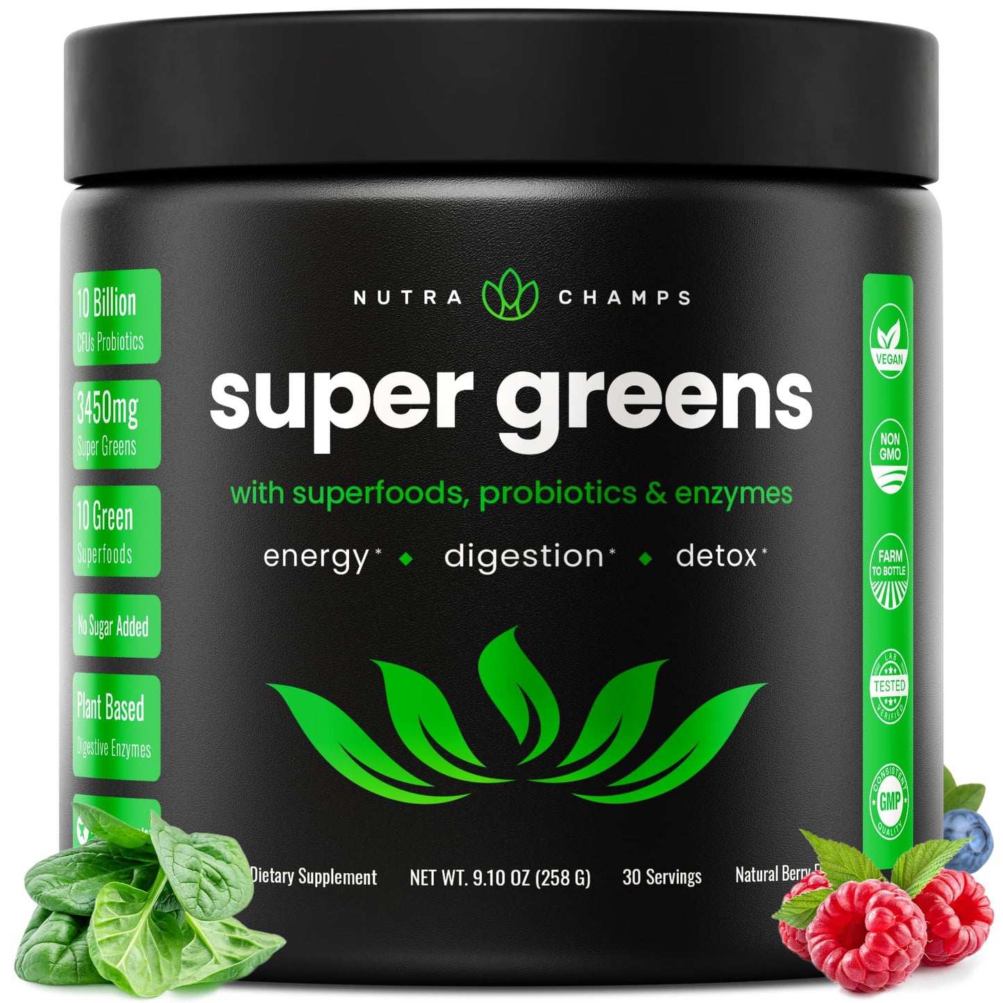 NutraChamps Super Greens Powder Premium Superfood | 20+ Organic Green Veggie Whole Foods | Wheat Grass, Spirulina, Chlorella | Antioxidant, Digestive Enzyme & Probiotic Blends (9.0 Oz, Berry) - Fresh Hearth