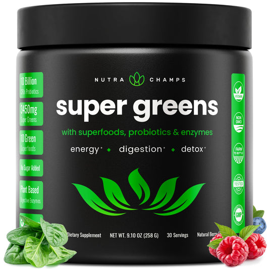 NutraChamps Super Greens Powder Premium Superfood | 20+ Organic Green Veggie Whole Foods | Wheat Grass, Spirulina, Chlorella | Antioxidant, Digestive Enzyme & Probiotic Blends (9.0 Oz, Berry) - Fresh Hearth