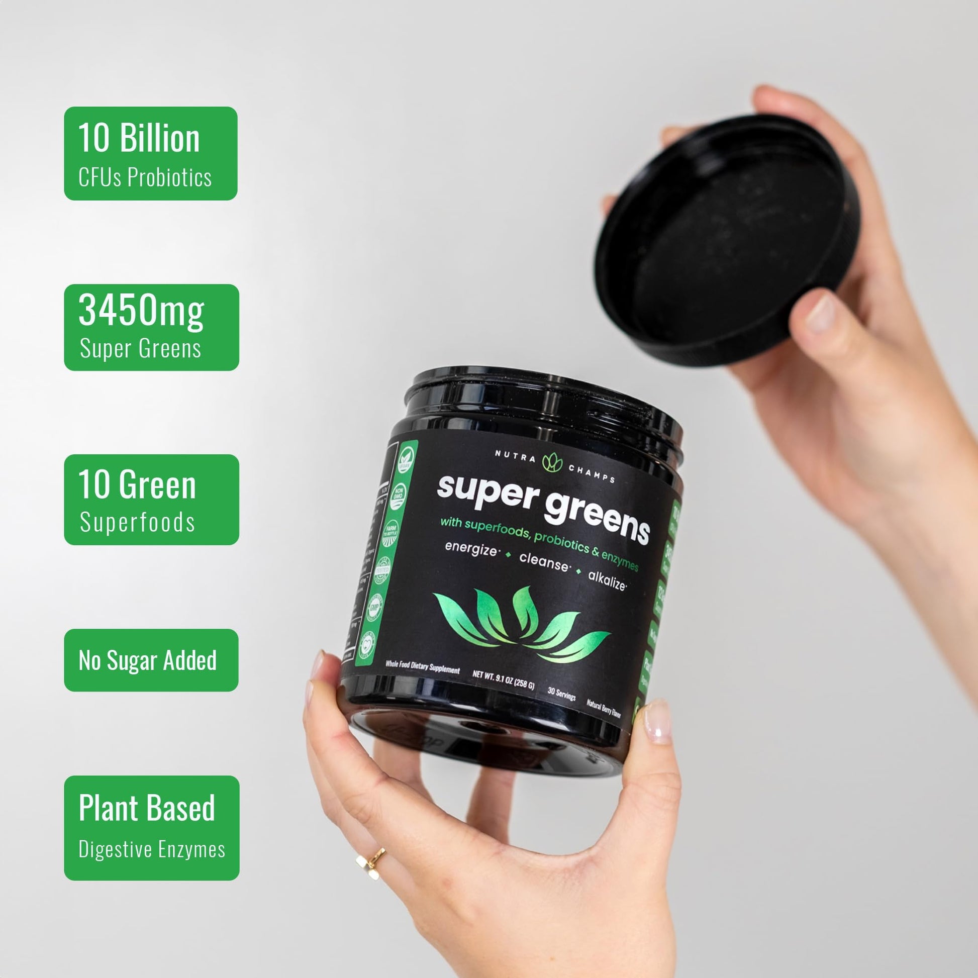 NutraChamps Super Greens Powder Premium Superfood | 20+ Organic Green Veggie Whole Foods | Wheat Grass, Spirulina, Chlorella | Antioxidant, Digestive Enzyme & Probiotic Blends (9.0 Oz, Berry) - Fresh Hearth