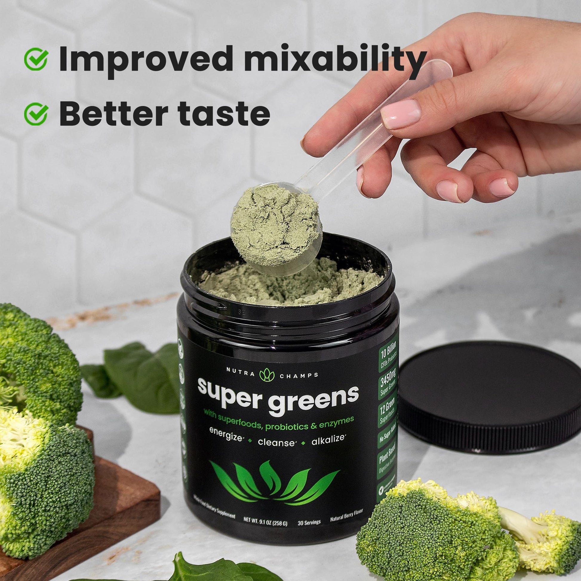 NutraChamps Super Greens Powder Premium Superfood | 20+ Organic Green Veggie Whole Foods | Wheat Grass, Spirulina, Chlorella | Antioxidant, Digestive Enzyme & Probiotic Blends (9.0 Oz, Berry) - Fresh Hearth