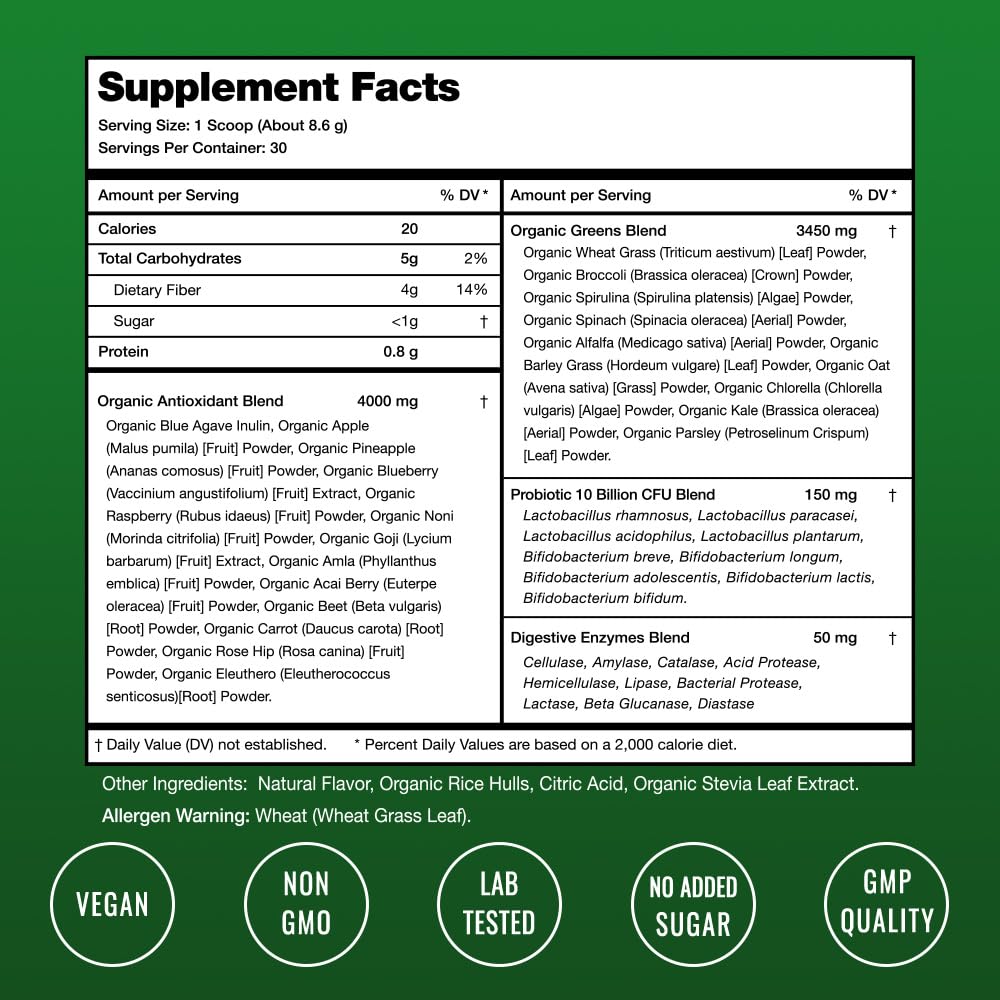 NutraChamps Super Greens Powder Premium Superfood | 20+ Organic Green Veggie Whole Foods | Wheat Grass, Spirulina, Chlorella | Antioxidant, Digestive Enzyme & Probiotic Blends (9.0 Oz, Berry) - Fresh Hearth