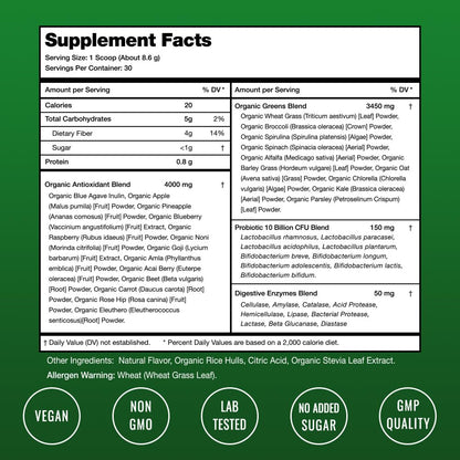 NutraChamps Super Greens Powder Premium Superfood | 20+ Organic Green Veggie Whole Foods | Wheat Grass, Spirulina, Chlorella | Antioxidant, Digestive Enzyme & Probiotic Blends (9.0 Oz, Berry) - Fresh Hearth