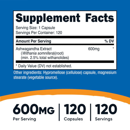 Nutricost Ashwagandha Herbal Supplement 600mg, 120 Capsules - Vegetarian, Non - GMO, Gluten Free, Ashwagandha Root - Fresh Hearth