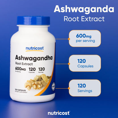 Nutricost Ashwagandha Herbal Supplement 600mg, 120 Capsules - Vegetarian, Non - GMO, Gluten Free, Ashwagandha Root - Fresh Hearth