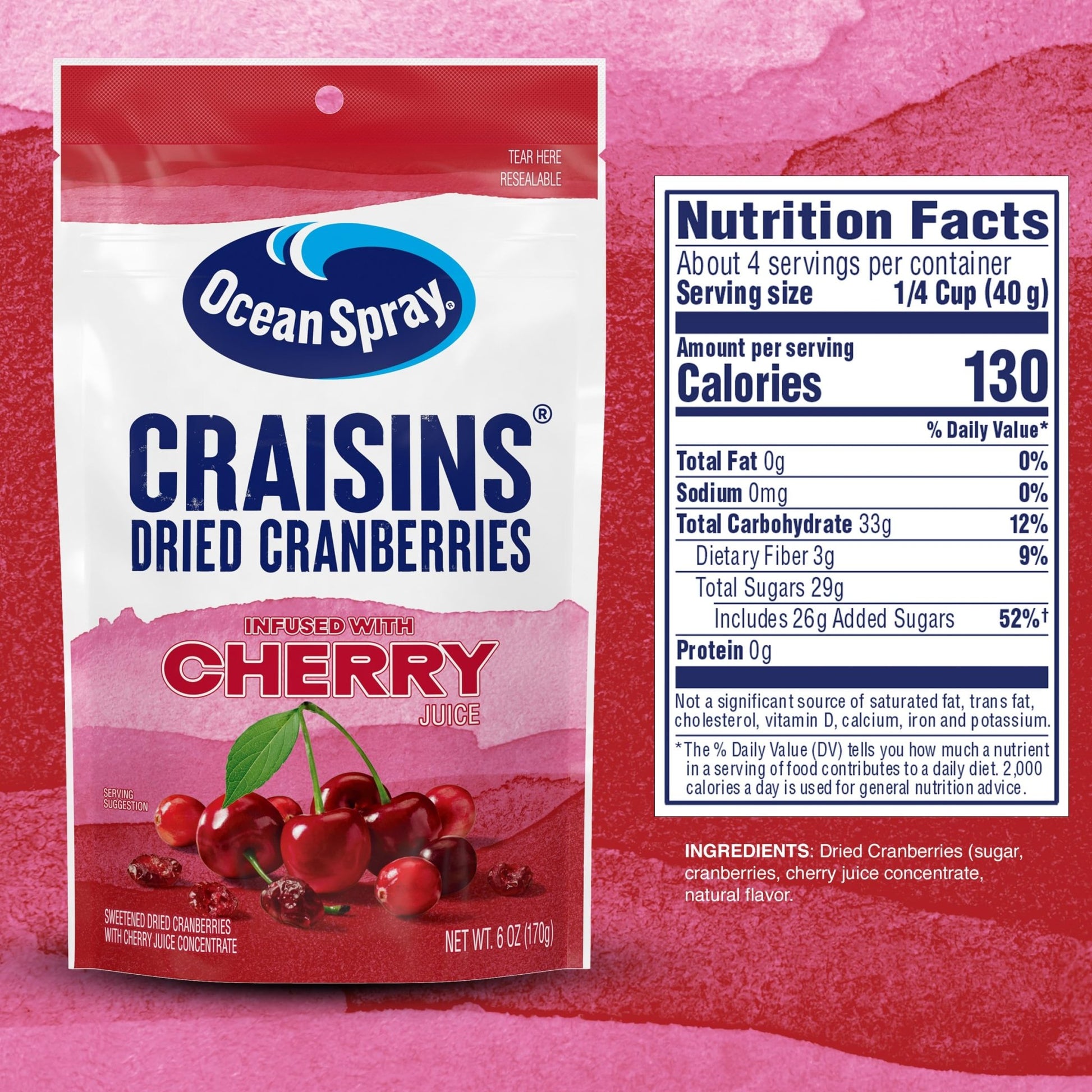 Ocean Spray Craisins, Sweetened Dried Cranberries, Cherry Flavored, 6 - Ounce Pouch (Pack of 12) - Fresh Hearth
