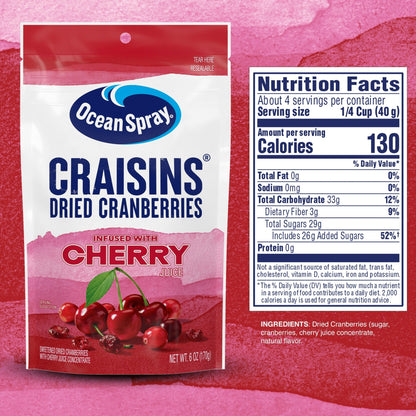 Ocean Spray Craisins, Sweetened Dried Cranberries, Cherry Flavored, 6 - Ounce Pouch (Pack of 12) - Fresh Hearth