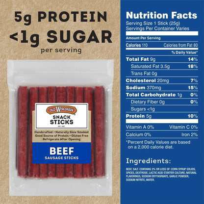 Old Wisconsin Beef Sausage Snack Sticks, Naturally Smoked, Ready to Eat, High Protein, Low Carb, Keto, Gluten Free, 26 Ounce Resealable Package - Fresh Hearth