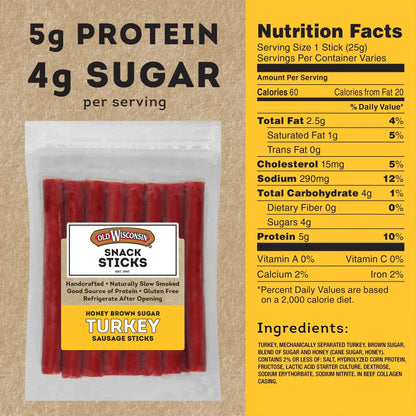 Old Wisconsin Honey Brown Sugar Turkey Sausage Snack Sticks, Naturally Smoked, Ready to Eat, High Protein, Low Carb, Keto, Gluten Free, 16 Ounce Resealable Package, Honey Turkey - Fresh Hearth