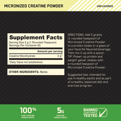 Optimum Nutrition Micronized Creatine Monohydrate Powder, Unflavored, 60 Servings, 300 Grams (Packaging May Vary) - Fresh Hearth