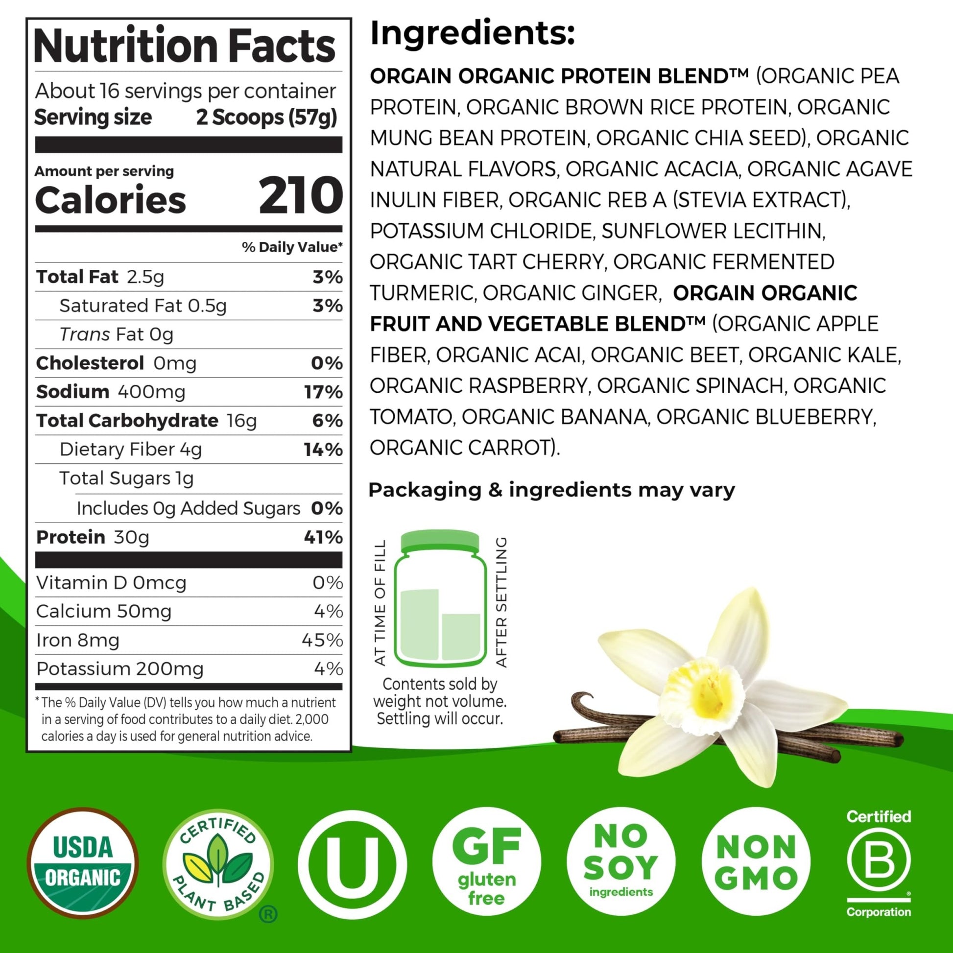 Orgain Organic 30g Vegan Protein Powder, Vanilla, 9g EAAs + BCAAs, Plant Protein, 4g Prebiotic + Fiber, 1g Sugar, Pre - Workout, Muscle Support + Recovery, PMV - 2.01lb (Packaging May Vary) - Fresh Hearth