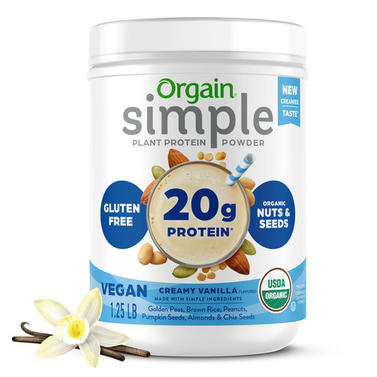Orgain Organic Simple Vegan Protein Powder, Vanilla - 20g Plant Based Protein, Made with less Ingredients, No Artificial Sweeteners, Gluten Free, No Dairy or Lactose, 1.25 lb (Packaging May Vary) - Fresh Hearth