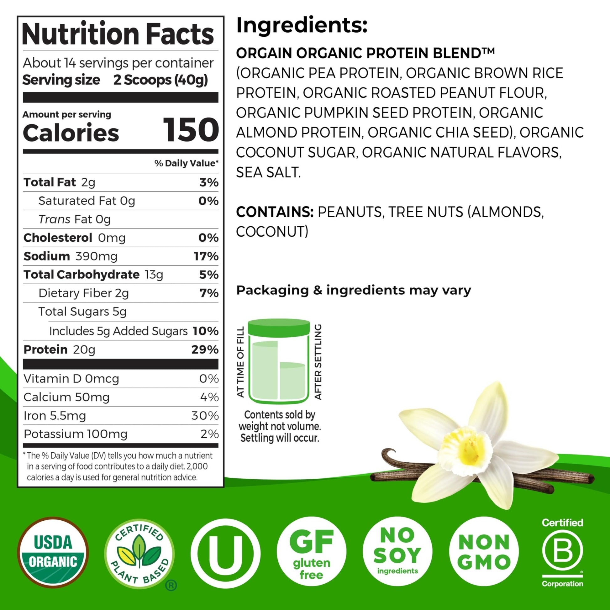 Orgain Organic Simple Vegan Protein Powder, Vanilla - 20g Plant Based Protein, Made with less Ingredients, No Artificial Sweeteners, Gluten Free, No Dairy or Lactose, 1.25 lb (Packaging May Vary) - Fresh Hearth