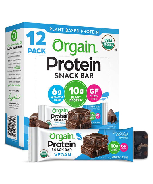 Orgain Organic Vegan Protein Bars, Chocolate Brownie - 10g Plant Based Protein, Low Calorie Healthy Snacks, No Lactose or Soy Ingredients, Gluten Free, Non - GMO - 1.41 Oz (Pack of 12) - Fresh Hearth