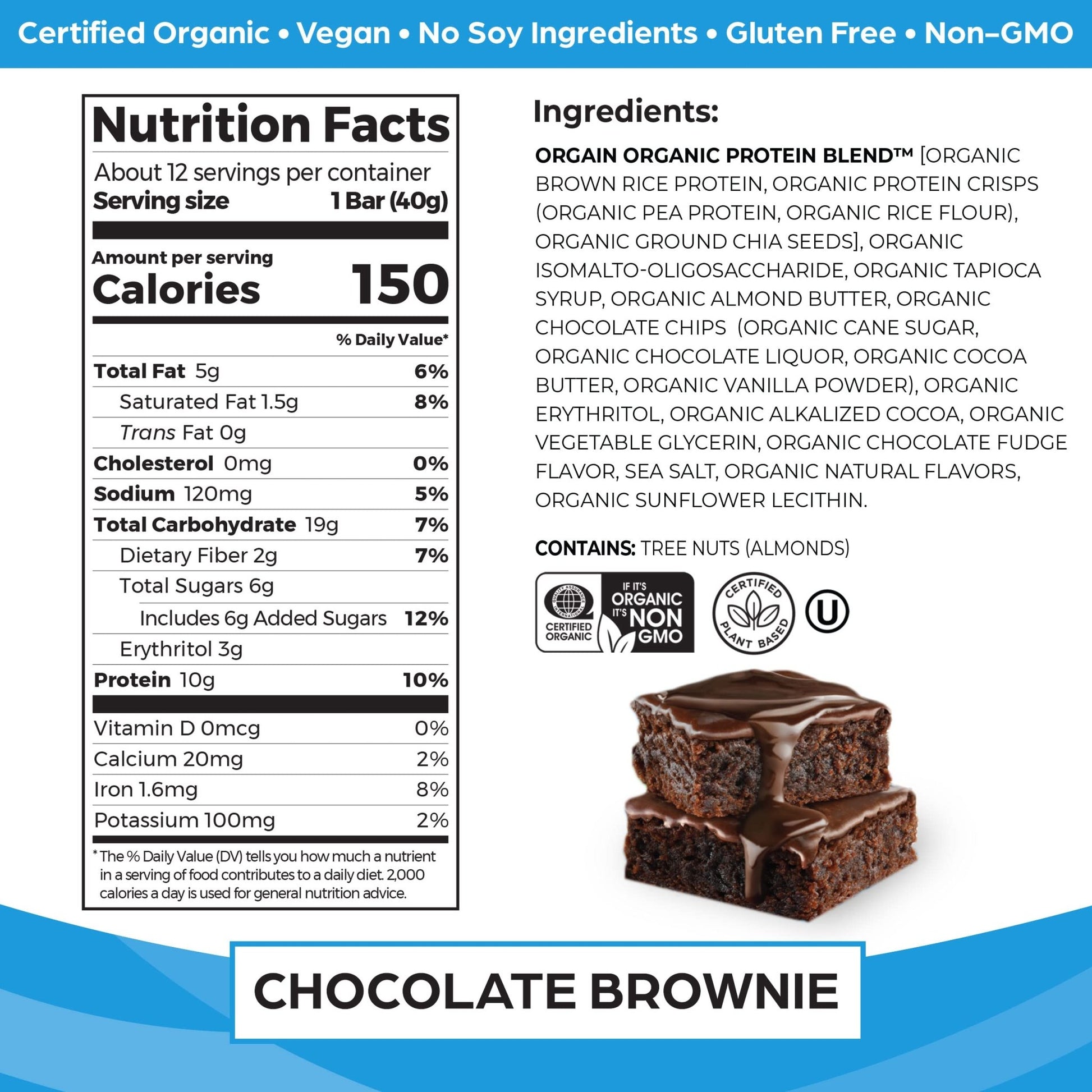 Orgain Organic Vegan Protein Bars, Chocolate Brownie - 10g Plant Based Protein, Low Calorie Healthy Snacks, No Lactose or Soy Ingredients, Gluten Free, Non - GMO - 1.41 Oz (Pack of 12) - Fresh Hearth