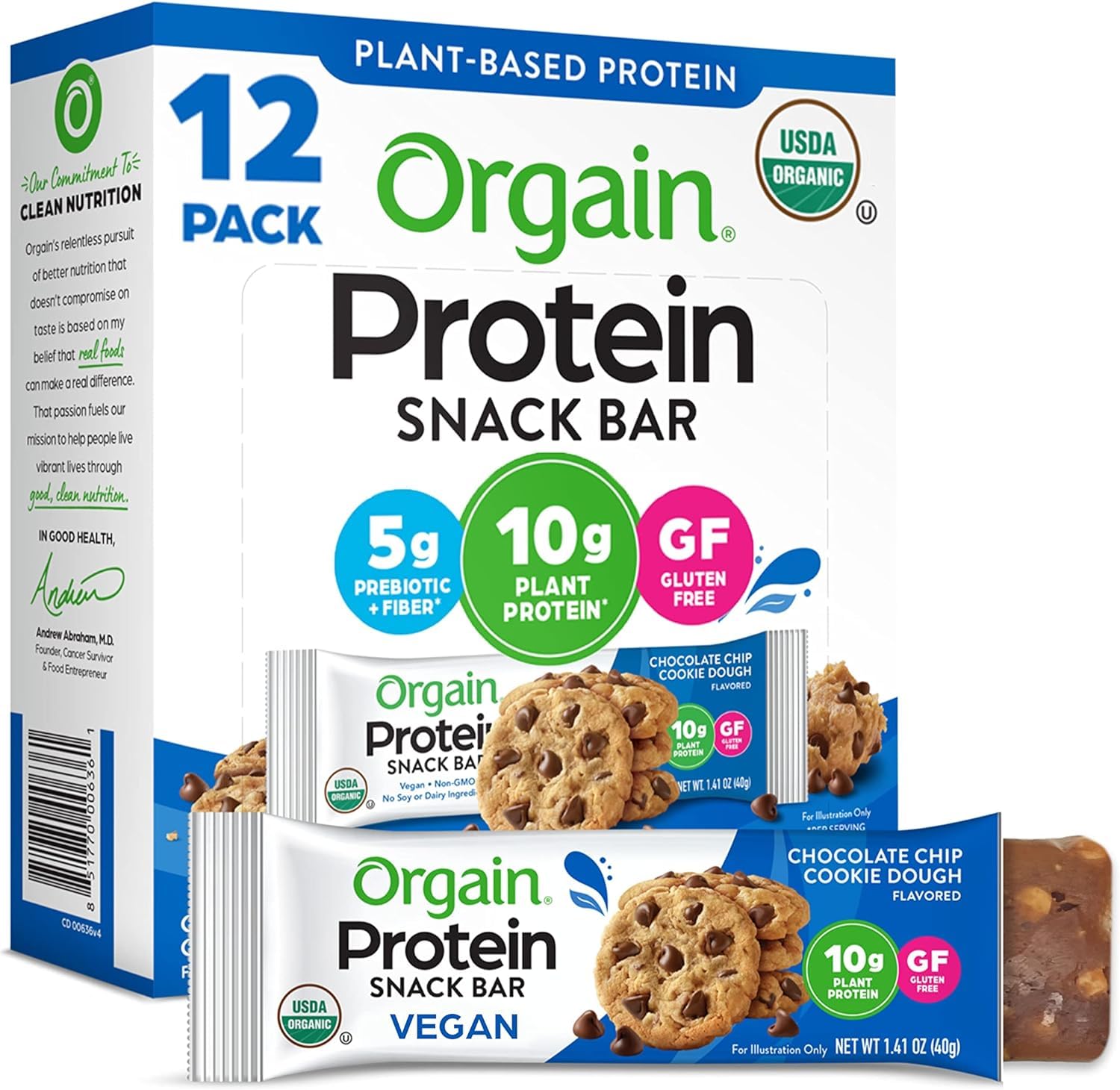 Orgain Organic Vegan Protein Bars, Chocolate Chip Cookie Dough - 10g Plant Based Protein, Low Calorie Healthy Snacks, No Lactose or Soy Ingredients, Gluten Free, Non - GMO - 1.41 Oz (Pack of 12) - Fresh Hearth