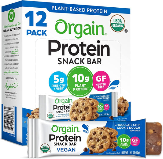 Orgain Organic Vegan Protein Bars, Chocolate Chip Cookie Dough - 10g Plant Based Protein, Low Calorie Healthy Snacks, No Lactose or Soy Ingredients, Gluten Free, Non - GMO - 1.41 Oz (Pack of 12) - Fresh Hearth