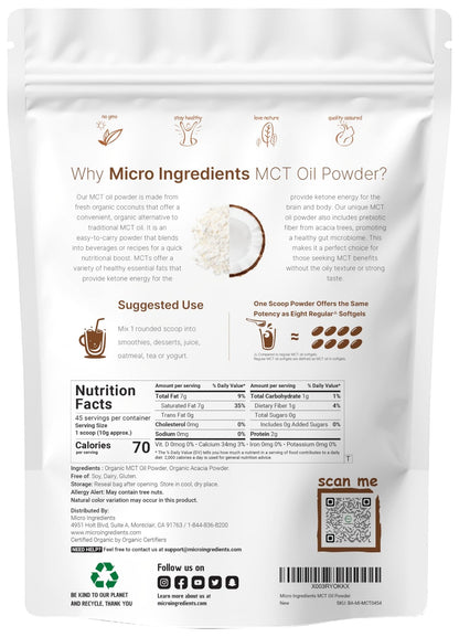 Organic MCT Oil Powder with Prebiotic Fiber,1 Pound(16 Ounce), Fast Fuel for Body and Brain, C8 MCT Oil for Coffee Creamer, No GMOs, Keto Diet, Vegan - Fresh Hearth