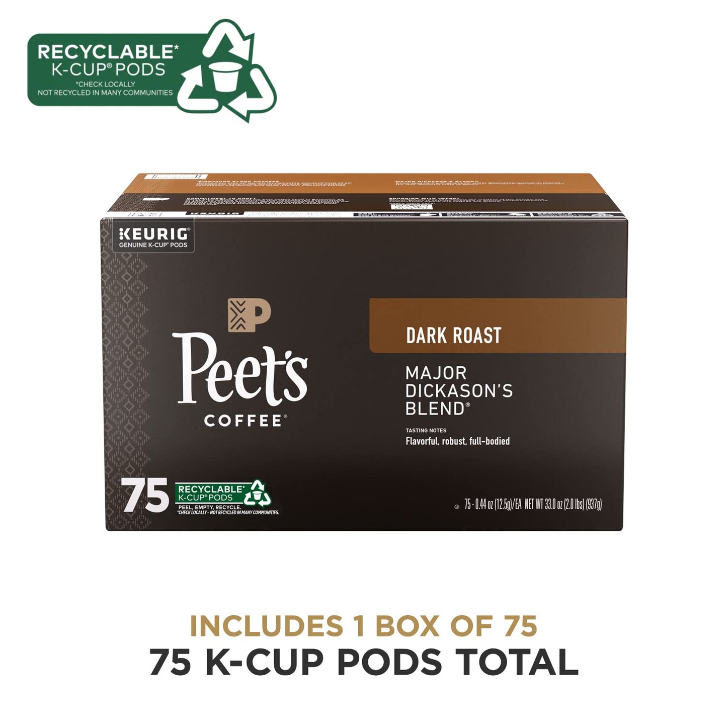 Peet's Coffee, Dark Roast Keurig K - Cup Pods - Major Dickason's Blend 75 Count (1 Box of 75 K - Cup Pods) - Fresh Hearth