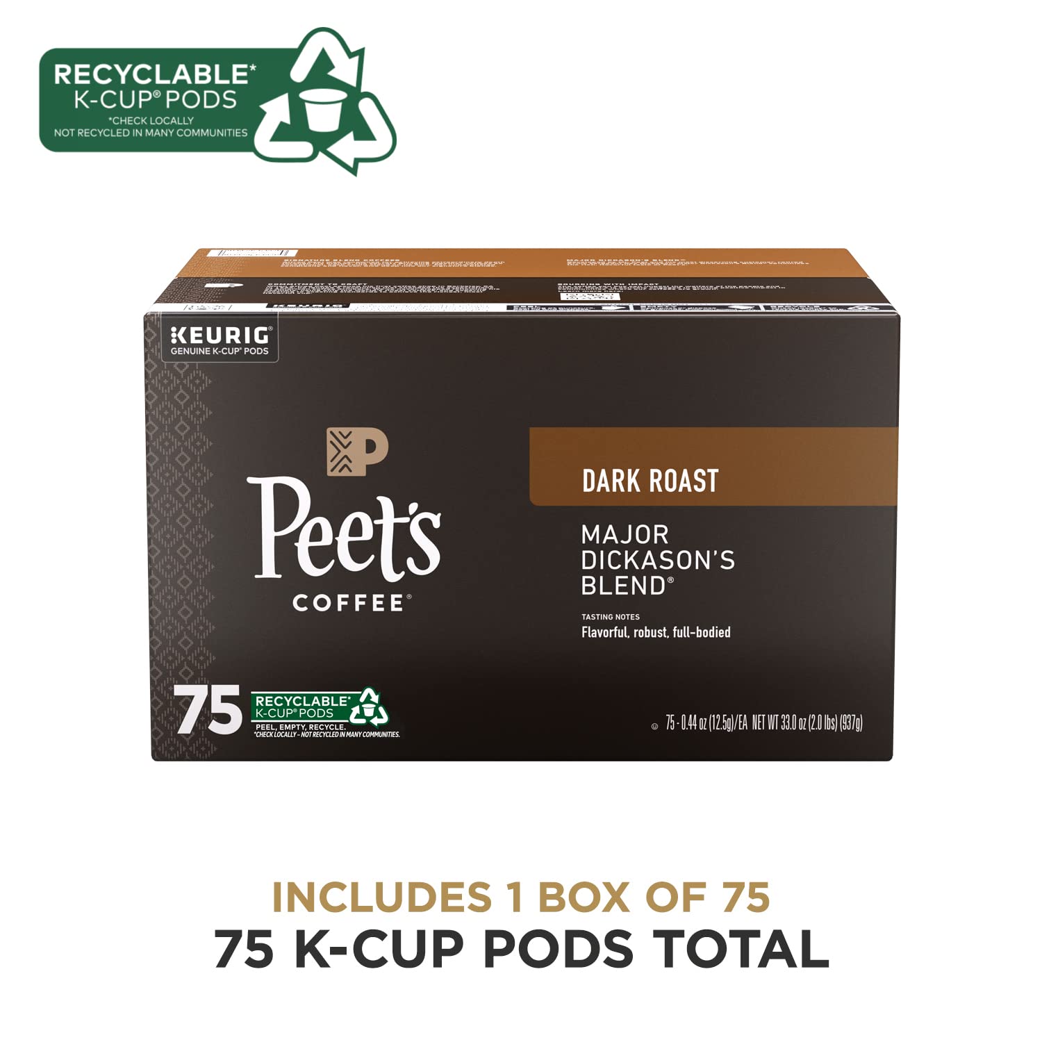 Peet's Coffee, Dark Roast Keurig K - Cup Pods - Major Dickason's Blend 75 Count (1 Box of 75 K - Cup Pods) - Fresh Hearth