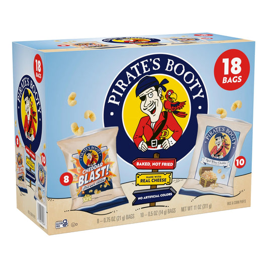 Pirate's Booty Aged White Cheddar and Cheddar Blast Cheese Puffs Variety Pack, Gluten - Free, Kids Snacks, 0.5oz and 0.75oz (18ct) - Fresh Hearth