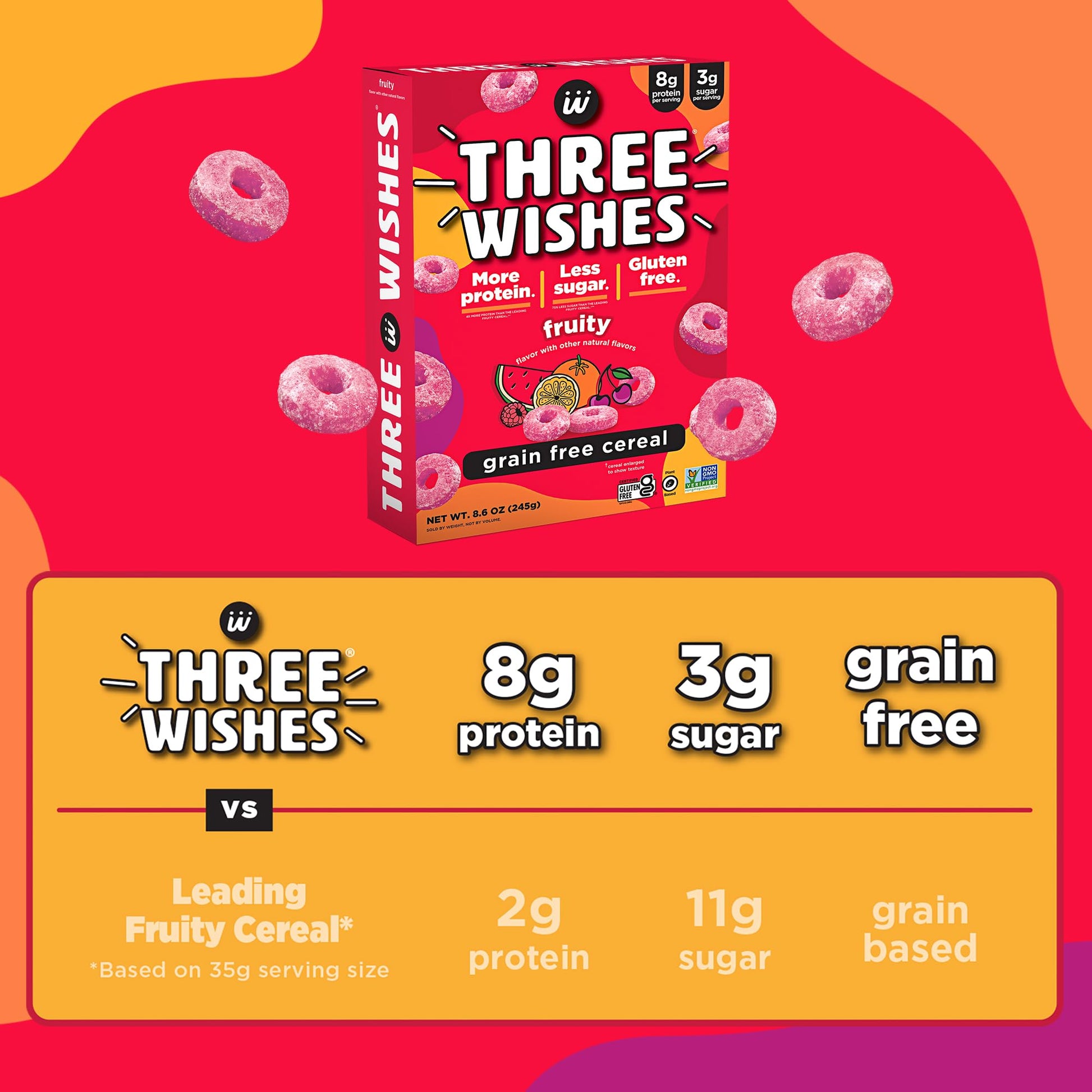 Plant - Based and Vegan Breakfast Cereal by Three Wishes - Fruity, 6 Pack - More Protein and Less Sugar Snack - Gluten - Free, Grain - Free - Non - GMO - Fresh Hearth