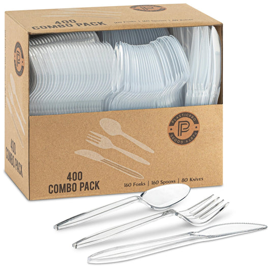 PLASTICPRO 400 Pack Disposable Plastic Utensils Assorted Colored Cutlery Combo Set Forks Spoons Knives Silverware, Clear Plastic Cutlery for Parties - Fresh Hearth