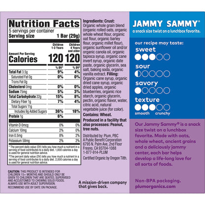 Plum Organics Jammy Sammy Snack Bars - Blueberry and Oatmeal - 1.02 oz Bars (Pack of 10) - Organic Toddler Food Snack Bars - Fresh Hearth
