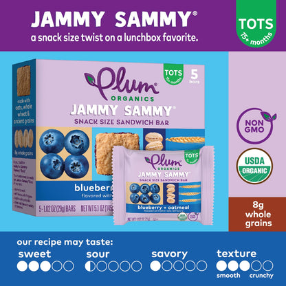 Plum Organics Jammy Sammy Snack Bars - Blueberry and Oatmeal - 1.02 oz Bars (Pack of 10) - Organic Toddler Food Snack Bars - Fresh Hearth