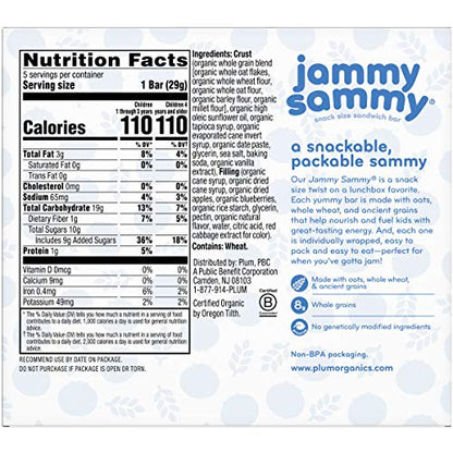 Plum Organics Jammy Sammy Snack Bars - Blueberry and Oatmeal - 1.02 oz Bars (Pack of 10) - Organic Toddler Food Snack Bars - Fresh Hearth