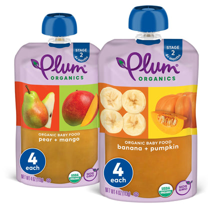 Plum Organics Stage 2 Organic Baby Food - Variety Pack - 4 oz Pouch (Pack of 8) - Fruit and Veggie Baby Food Pouch - Fresh Hearth