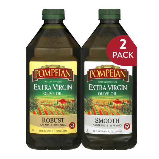 Pompeian Olive Oil Variety Pack - Smooth Extra Virgin Olive Oil, Robust Extra Virgin Olive Oil, Naturally Gluten - Free, Non - Allergenic, Non - GMO, 68 Fl Oz (Pack of 2) - Fresh Hearth