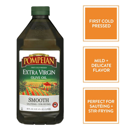 Pompeian Smooth Extra Virgin Olive Oil, Contains Polyphenols, First Cold Pressed Oil, Mild and Delicate Flavor, Perfect for Sauteing & Stir - Frying, Naturally Gluten - Free, Non - GMO, 68 Fl Oz, Single Bottle - Fresh Hearth