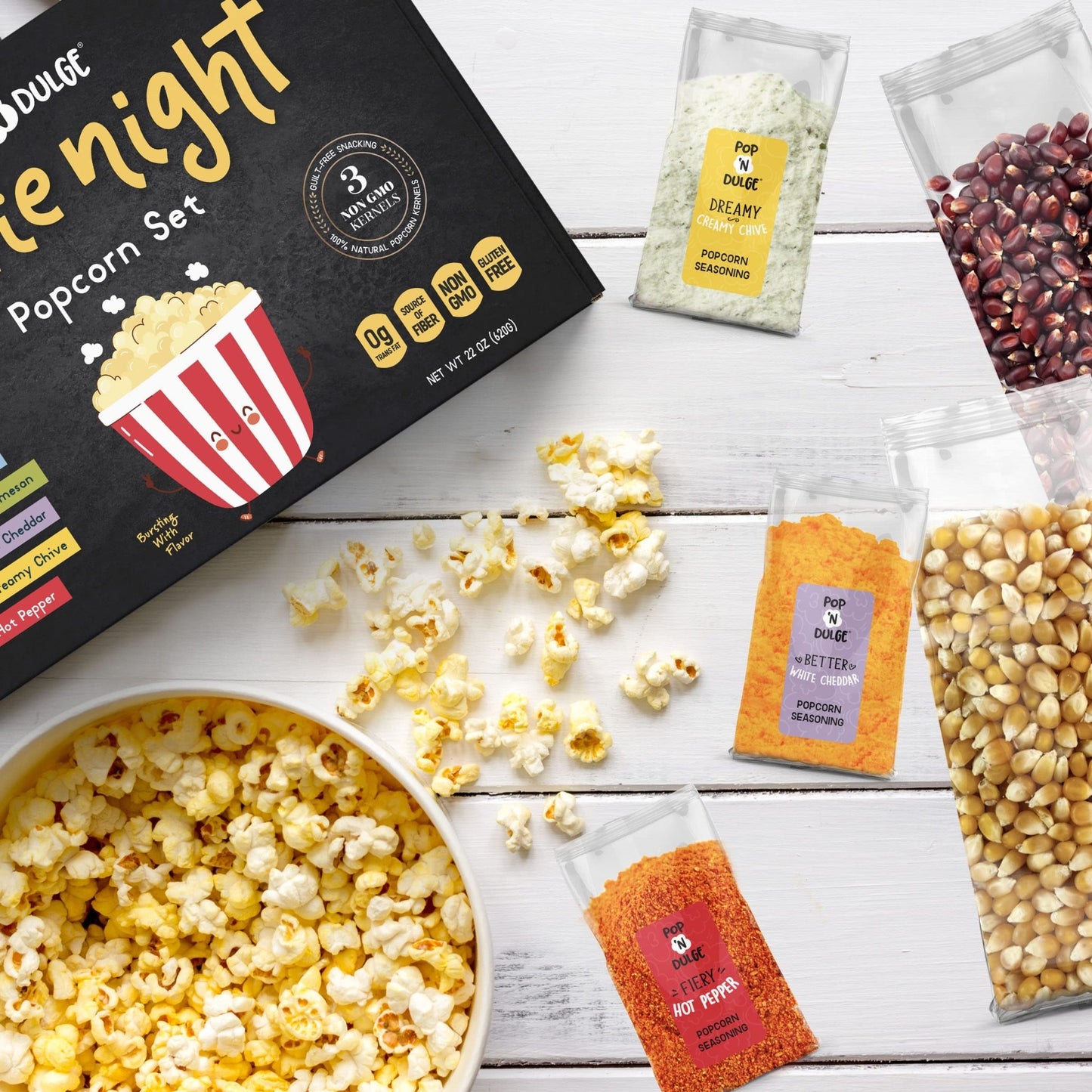 Pop n' Dulge Popcorn Movie Night Supplies 16 pcs Gift Set, 5 Gourmet Popcorn Kernels, 5 Seasoning Variety Packs Non - GMO Kosher Snacks, Great Housewarming Family Date Night Gifts Basket Ideas For Him Her - Fresh Hearth