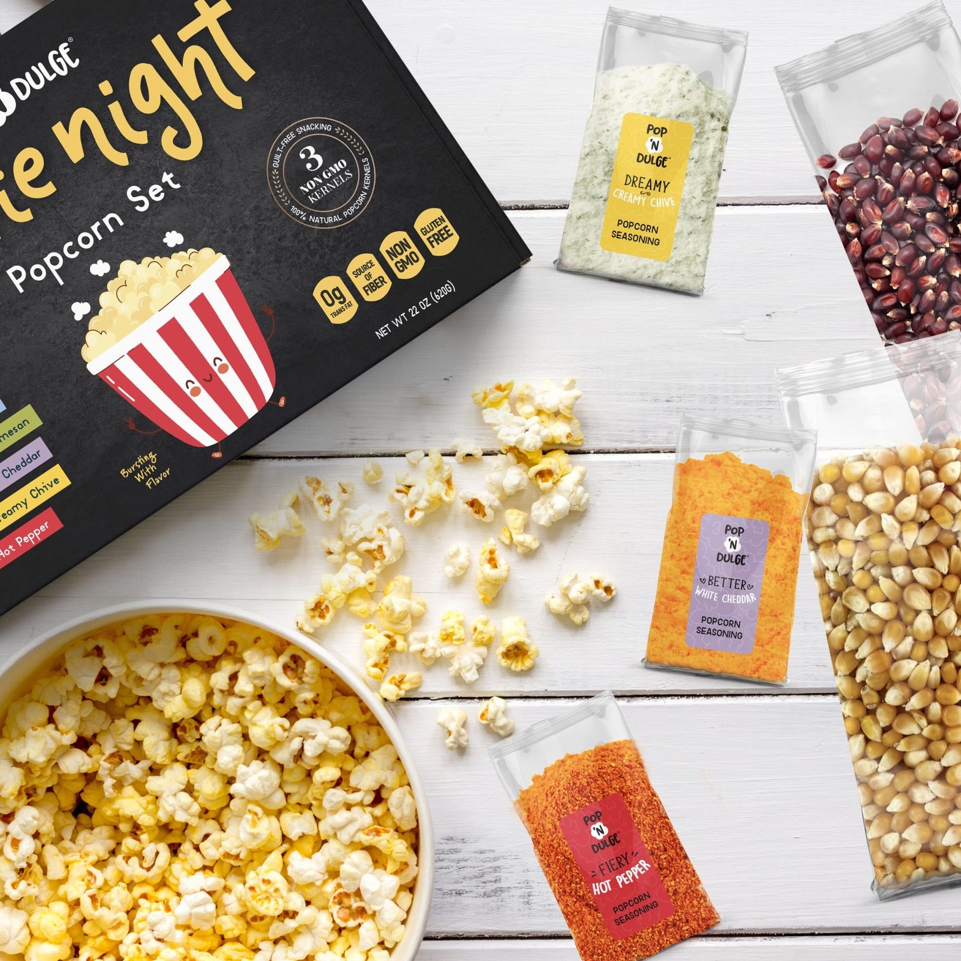 Pop n' Dulge Popcorn Movie Night Supplies 16 pcs Gift Set, 5 Gourmet Popcorn Kernels, 5 Seasoning Variety Packs Non - GMO Kosher Snacks, Great Housewarming Family Date Night Gifts Basket Ideas For Him Her - Fresh Hearth