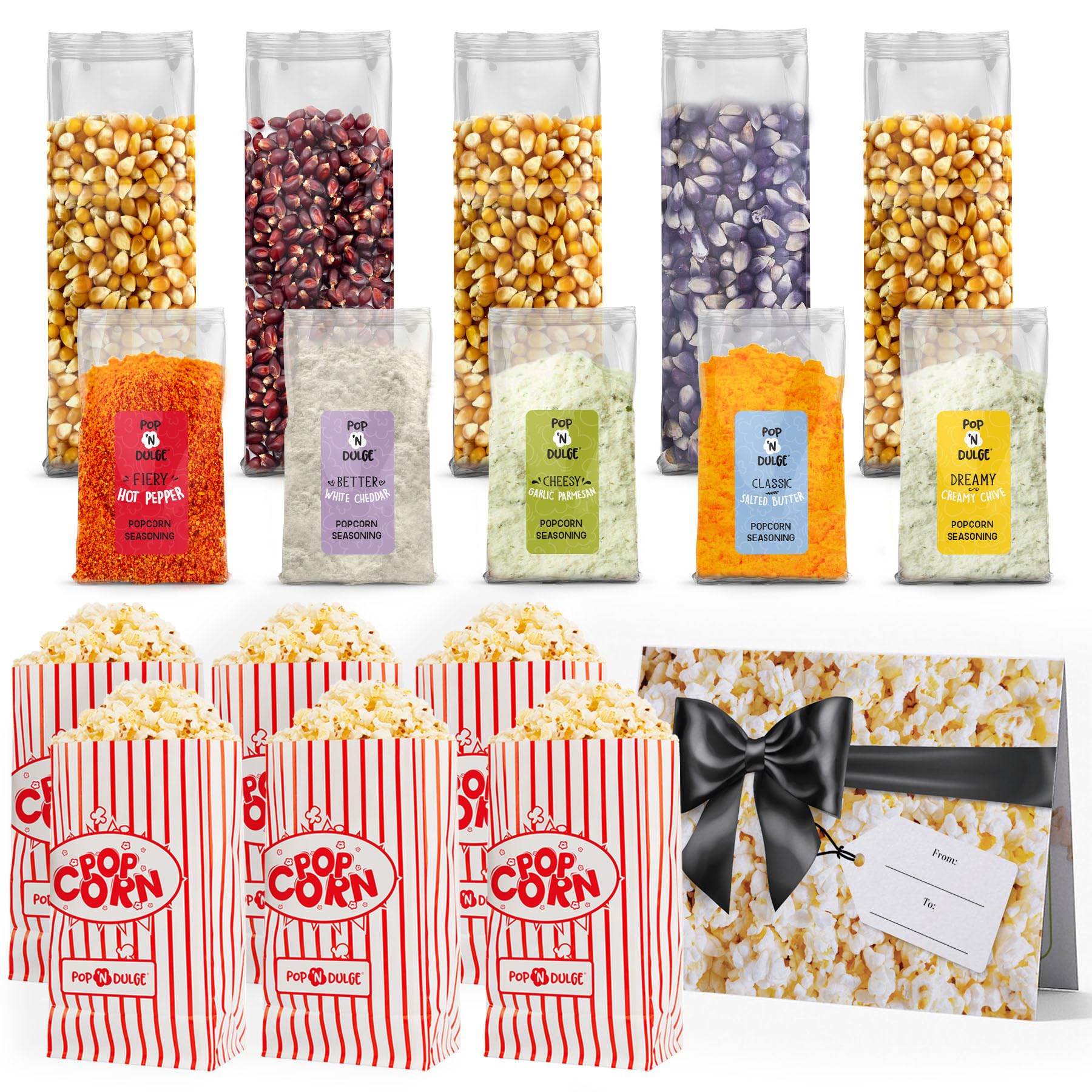 Pop n' Dulge Popcorn Movie Night Supplies 16 pcs Gift Set, 5 Gourmet Popcorn Kernels, 5 Seasoning Variety Packs Non - GMO Kosher Snacks, Great Housewarming Family Date Night Gifts Basket Ideas For Him Her - Fresh Hearth