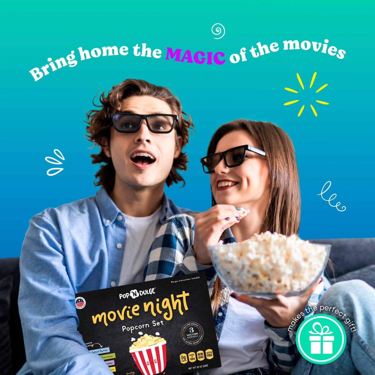 Pop n' Dulge Popcorn Movie Night Supplies 16 pcs Gift Set, 5 Gourmet Popcorn Kernels, 5 Seasoning Variety Packs Non - GMO Kosher Snacks, Great Housewarming Family Date Night Gifts Basket Ideas For Him Her - Fresh Hearth