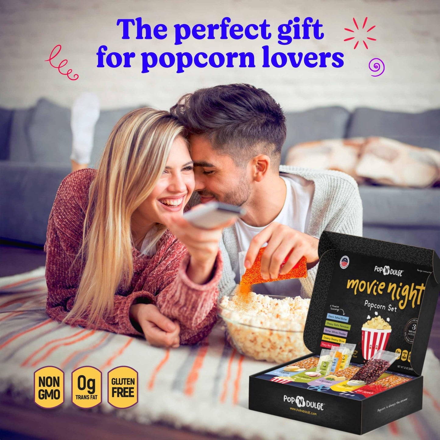 Pop n' Dulge Popcorn Movie Night Supplies 16 pcs Gift Set, 5 Gourmet Popcorn Kernels, 5 Seasoning Variety Packs Non - GMO Kosher Snacks, Great Housewarming Family Date Night Gifts Basket Ideas For Him Her - Fresh Hearth