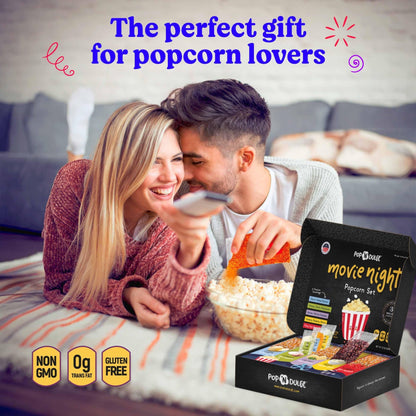 Pop n' Dulge Popcorn Movie Night Supplies 16 pcs Gift Set, 5 Gourmet Popcorn Kernels, 5 Seasoning Variety Packs Non - GMO Kosher Snacks, Great Housewarming Family Date Night Gifts Basket Ideas For Him Her - Fresh Hearth