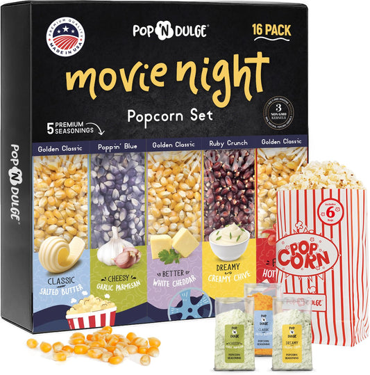 Pop n' Dulge Popcorn Movie Night Supplies 16 pcs Gift Set, 5 Gourmet Popcorn Kernels, 5 Seasoning Variety Packs Non - GMO Kosher Snacks, Great Housewarming Family Date Night Gifts Basket Ideas For Him Her - Fresh Hearth