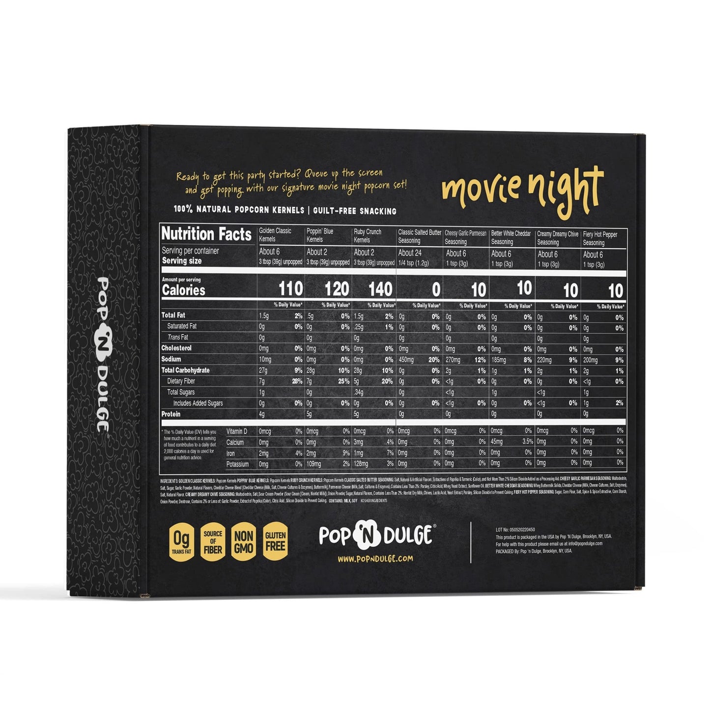 Pop n' Dulge Popcorn Movie Night Supplies 16 pcs Gift Set, 5 Gourmet Popcorn Kernels, 5 Seasoning Variety Packs Non - GMO Kosher Snacks, Great Housewarming Family Date Night Gifts Basket Ideas For Him Her - Fresh Hearth